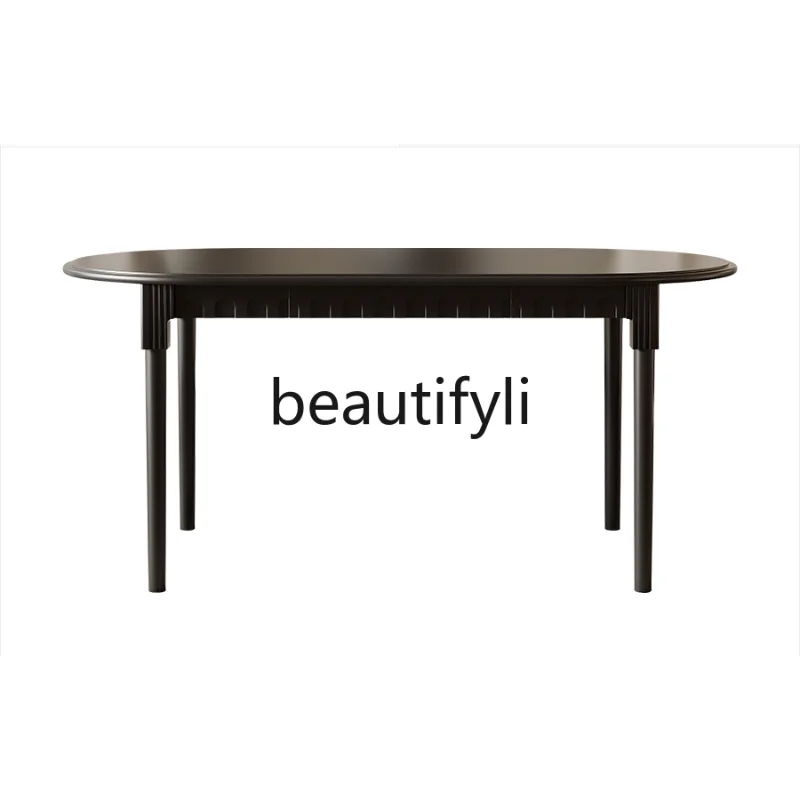 

French retro solid wood dining table simple black table with drawers oval household table and chairs