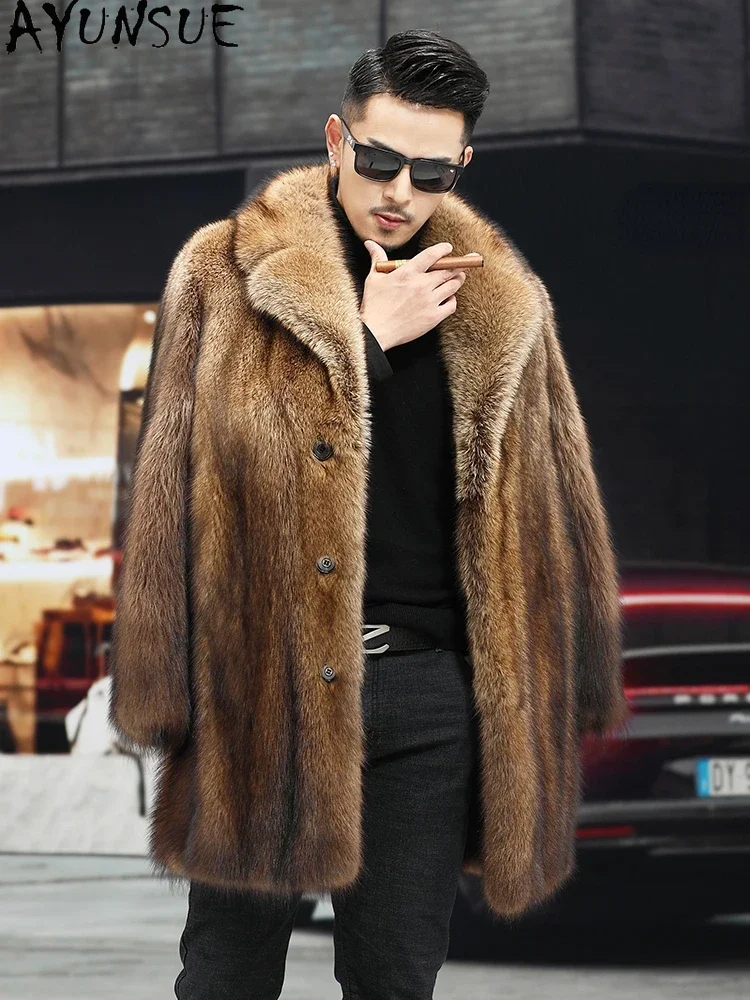 AYUNSUE Mink Real Fur Coat Luxury Mink Fur Jackets for Men 2025 Winter Warm Mens Fur Coat Mid-length Coats High Quality SGG