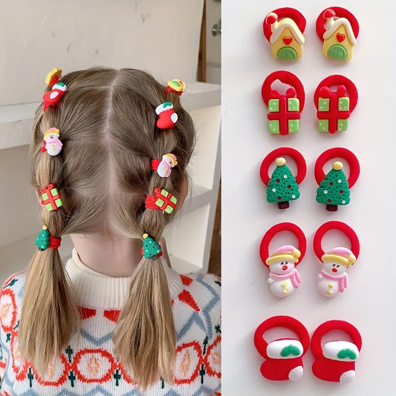 20/10 Pieces of Random Styles, Cute Christmas Hair Ties with Santa Claus and Christmas Tree Snowman Designs, Suitable as Christmas Gifts for Girls, Preferred Christmas Hair Accessories