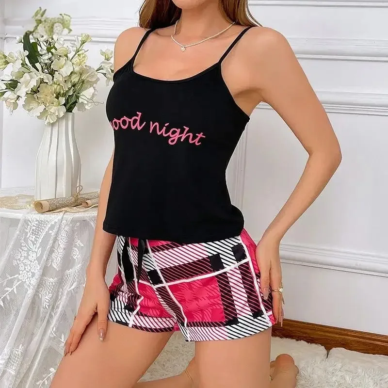 Women's Pajama Printed Letter Top Paired with Checkered Printed Shorts Home Pajama Set Summer Sexy Camisole Set Women'st