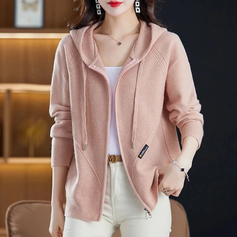 Spring Autumn Knitted Sweater Cardigan Jacket Women Solid Hooded Zipper Sweater Coat Female Knitwear Casual Tops Female Jackets