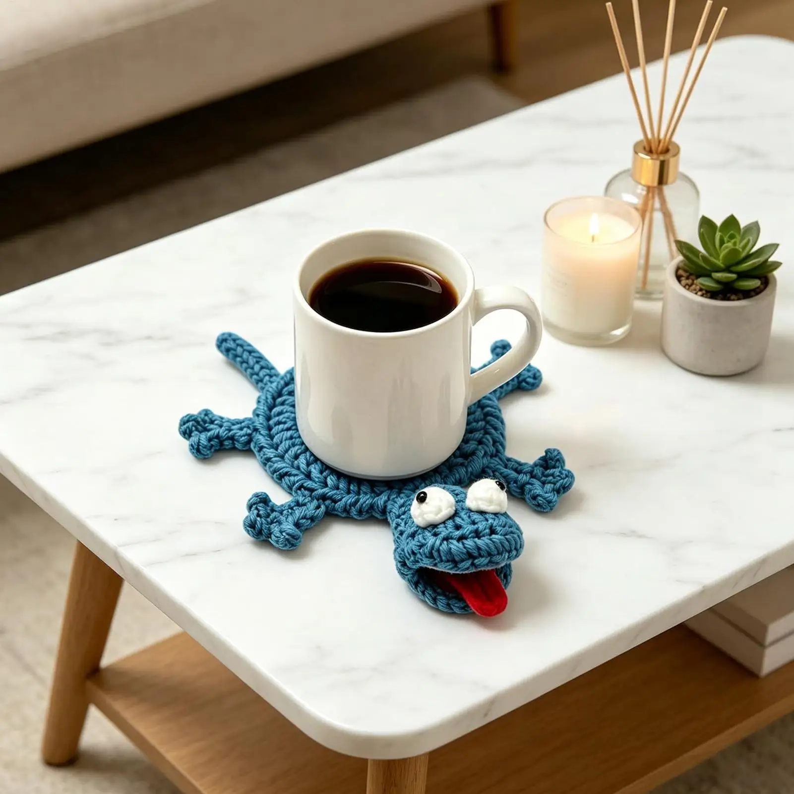 Yarn Crocheting Coaster Realistic Animal-Themed Decoration Funny Crochet Lizard Coaster for Bedroom Nightstand Birthday Party