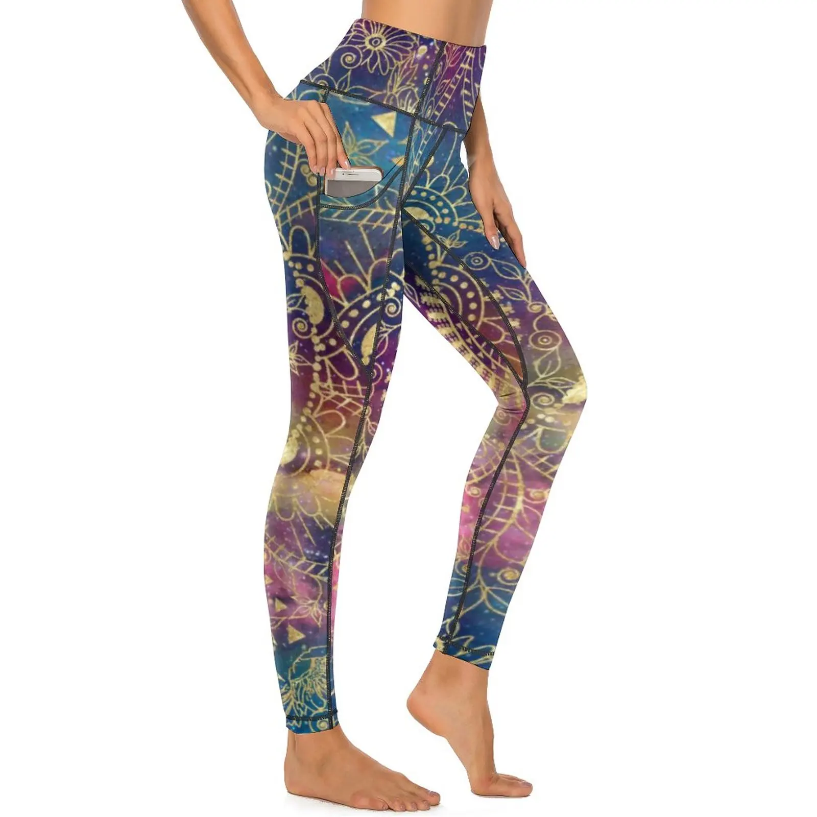 Gold Mandala Print Leggings Vintage Floral Gym Yoga Pants Lady High Waist Casual Leggins Sexy Stretchy Custom Sports Tights 2XL