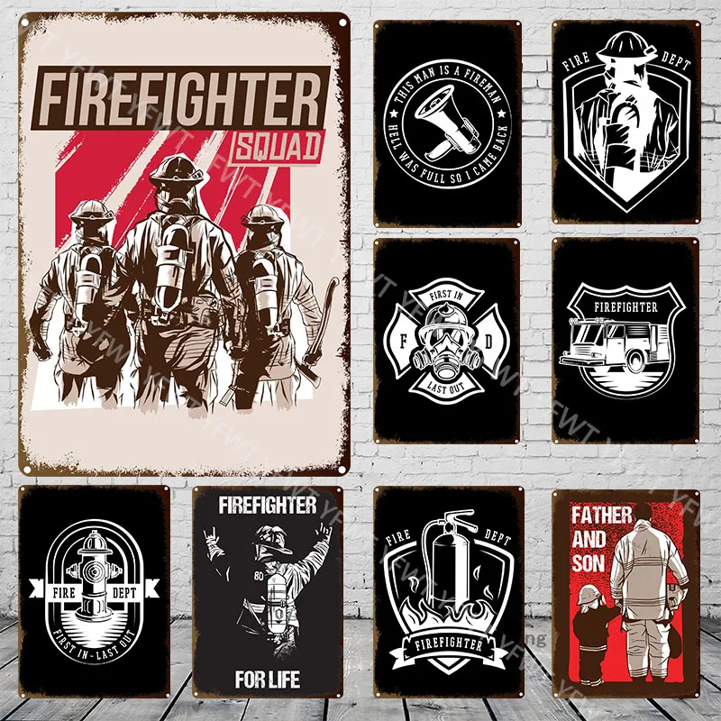 Fire Brigade Firefighter Fire Equipment Metal Sign Retro Wall Sign Garage Bar Room Decoration Poster