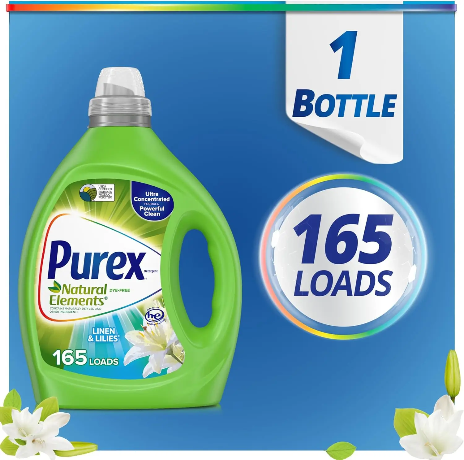 Natural Elements Fresh Lilies & Linen Liquid Detergent, 82.5 oz, 165 Loads, Ultra-Concentrated, Dye-Free, USDA Certified Biobase - view 3