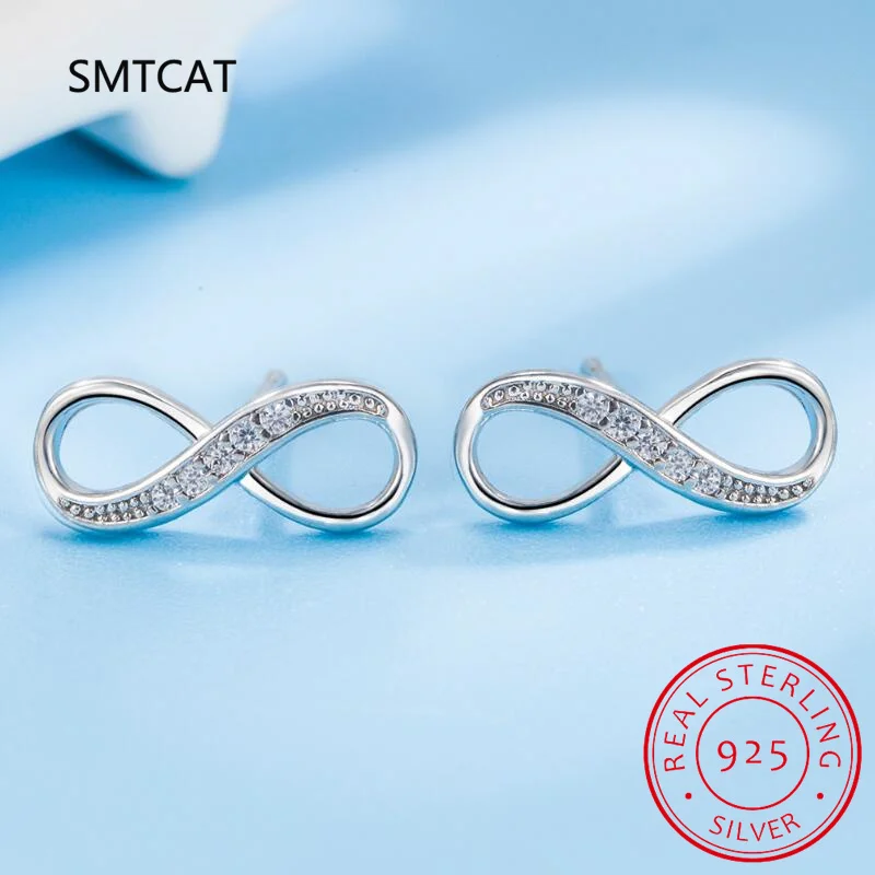 925 Sterling Silver Infinity Symbol Stud Earrings for Women Dazzling CZ Stone Geometric Earrings Jewelry Gift BSE542