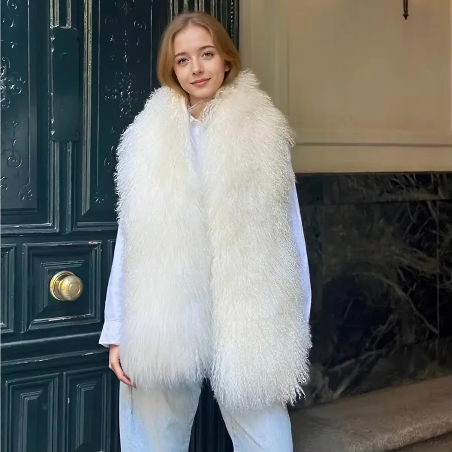 여성 겨울 따뜻한 티베트 양털 스카프 롱 내추럴 퍼 액세서리 푹신하고 부드러운 숄 신상품 정품 퍼 스카프