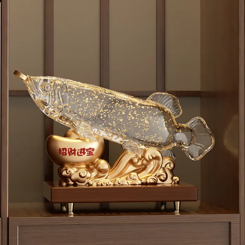 Lucky gold arowana fish - decorative ornament for living room, entryway, tv console, or wine cabinet