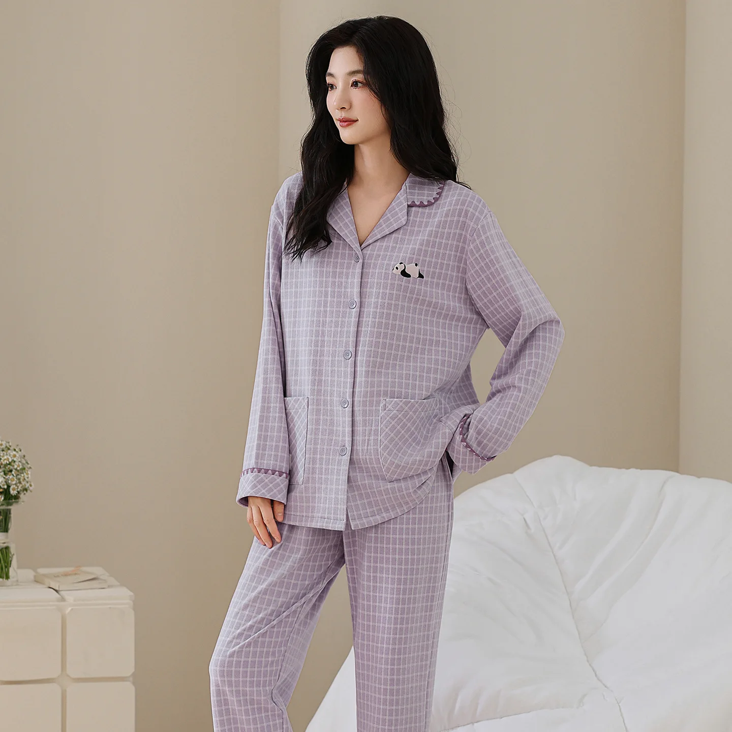 Autumn and winter new double-sided German velvet warm and comfortable checkered women's home clothes pajama set