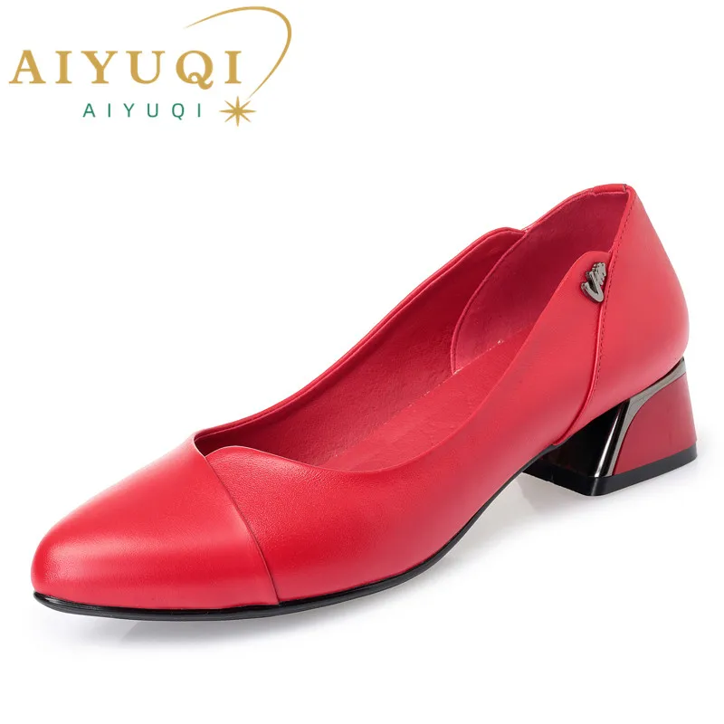 AIYUQI women dress shoes 2024 spring new genuine leather women fashion shoes red shallow mouth office shoes women