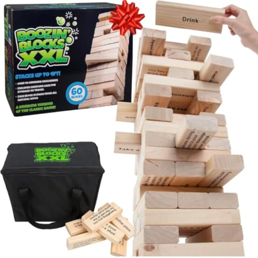 

Огромная игра-башня для питья с кейсом для переноски - Высота до 1,5 м - 60 гигантских деревянных блоков с пьяными командами 21+