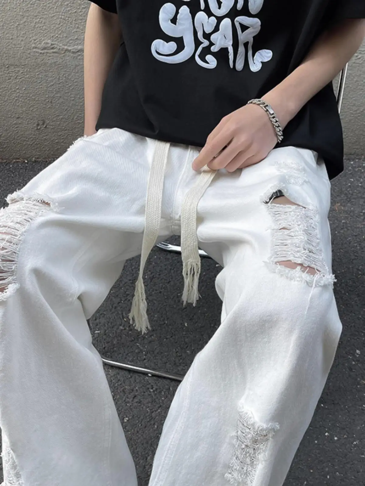 Men's summer elasticated waisted drawstring pants vibe high street straight leg beggar pants trend