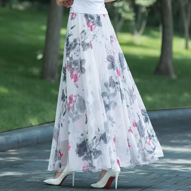Wysoka talia damska letnia jesienna spódnica szyfonowa w pasie Midi pełna długa spódnica drukuj linia A matka taniec spódnica typu swing DURIKIES
