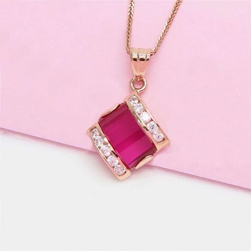 585 Purple Gold Plated 14K Rose Gold Inlaid Ruby Crystal Geometric neckalce for womanchains Pendant Engagement Jewelry Gift