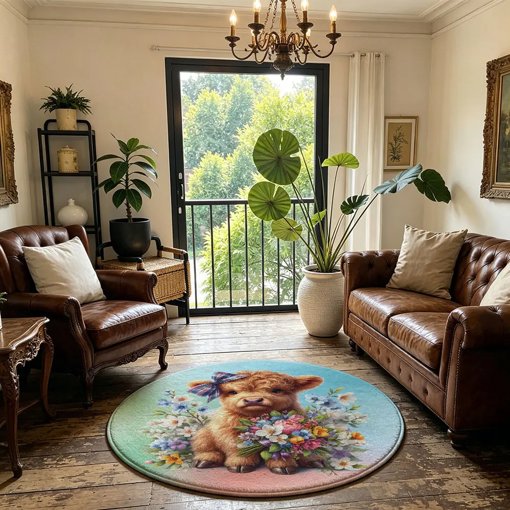 1pc Daisy pattern bow bouquet, highland cow round floor mat, living room sofa bed side carpet, home decoration, washable carp