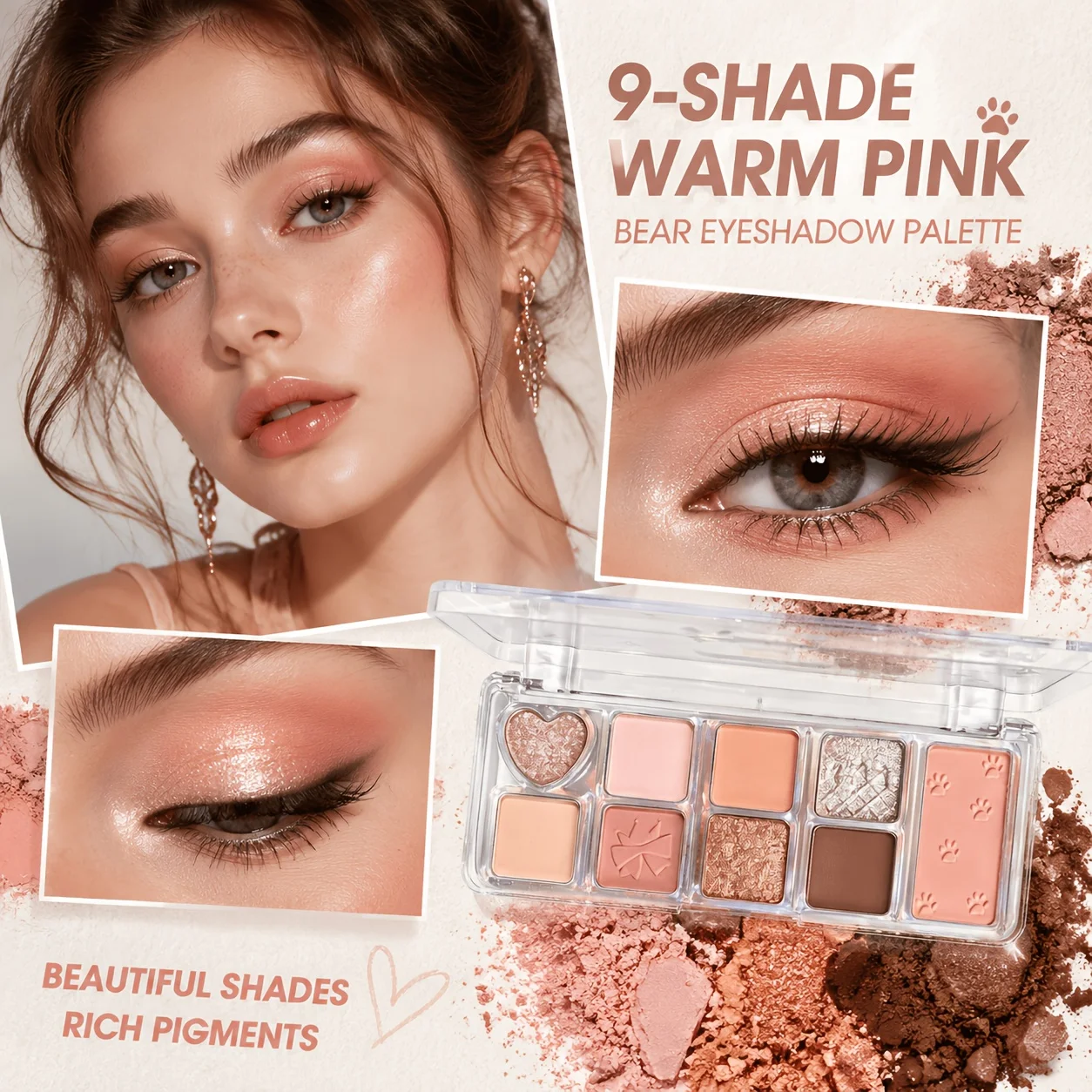 9 Colors Eyeshadow Palette Warm Pink Bear Eye Makeup Matte Shimmer Glitter Pigmented Waterproof Long Lasting Cosmetics for Daily