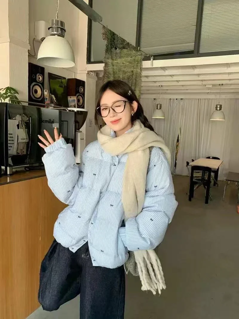 Y2K اليابانية معطف الحلو المرأة طويلة الأكمام مخطط فراشة الديكور سترة دافئة غير رسمية موضة الخريف الشتاء أبلى