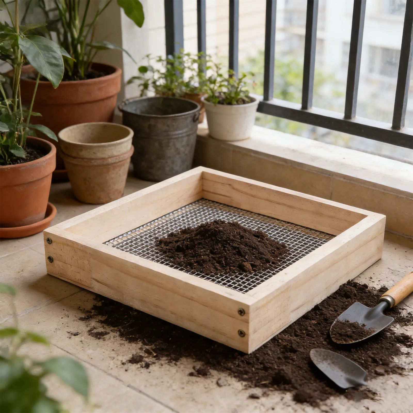 Wood Soil Sifter 12 Inch Garden Sieve for Compost Sand Bonsai Landscaping Rock Debris Removal Fine Mesh Metal Screen Gardening