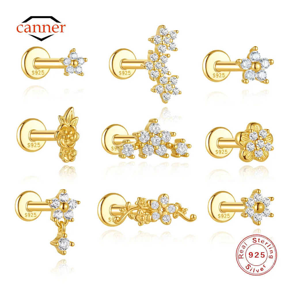 CANNER 1PC 925 Sterling Silver CZ Flower Flat Back Piercing Stud Earrings 18K Gold Plated Floral Shiny Earrings Trendy Jewelry