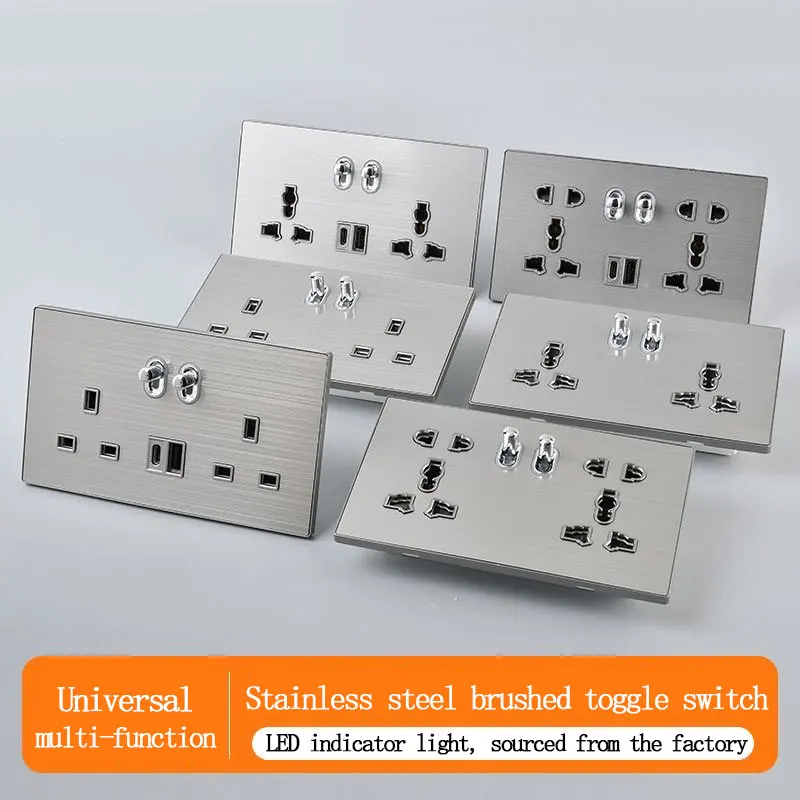 Concealed 146 Type Stainless Steel Brushed Toggle Switch 2Gang Multi-Function Socket 6/10-Hole with 2.4A USB Type-C Fast Chargin