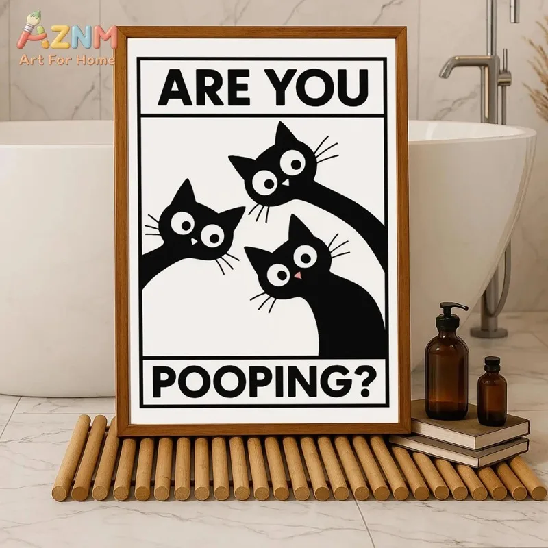 Cute Funny Cat Bathroom Quote Wall Decor ARE YOU POOPING Minimalist Cartoon Black Cat Canvas Poster Toilet Aesthetic Decor