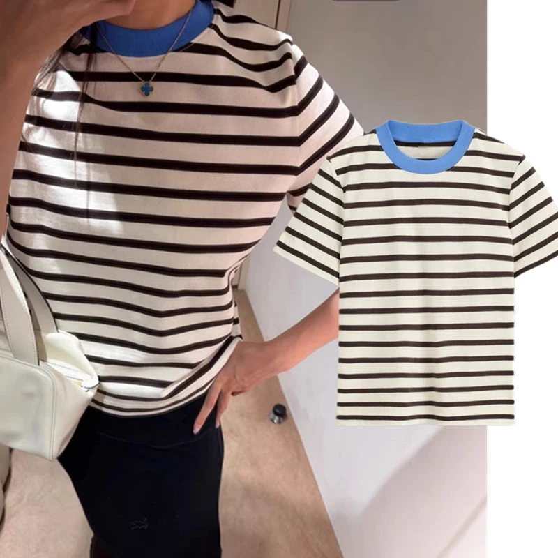 Maxdutti Southern French Elegant Women's Round Neck Short Sleeved T-shirt Striped Minimalist T-shirt Woman Clothes Female Cloth
