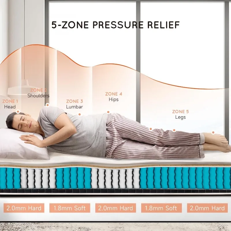 10 Inch Hybrid Euro Top Mattress Bed in A Box, Individually 5-Zone Pocketed Spring Mattress for Pressure Relief & Motion