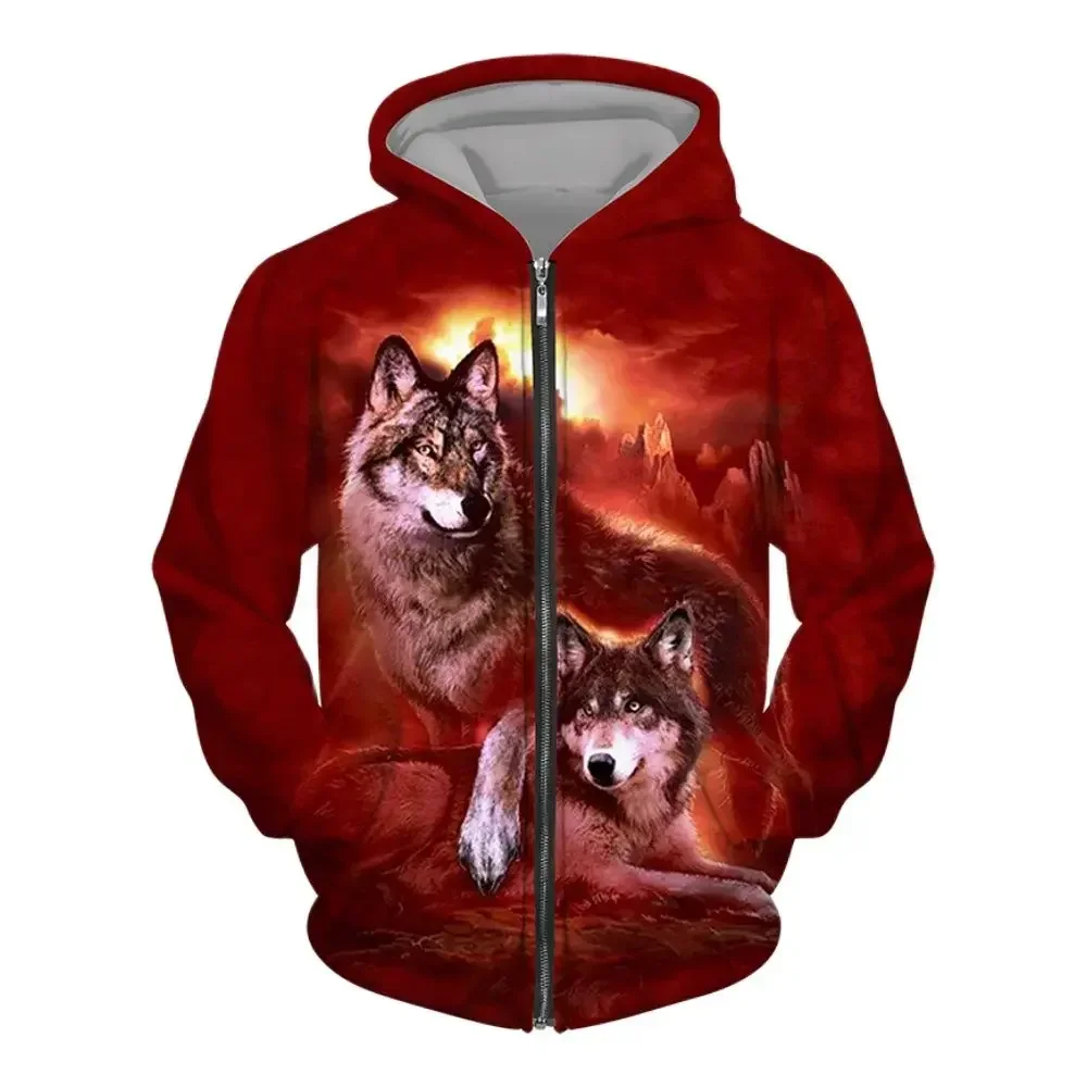 Men zipper hoodie Wolf 3D printed zipper hoodie men\'s pullover fashion casual sweater street Harajuku Clothing Spring and Autumn