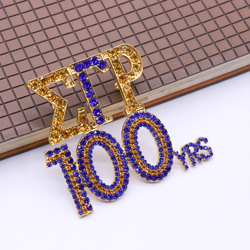 Metal Sparling Crystal Greek Letter Sigma Gamma Rho 100 YRS Pin Blue Yellow Sorority Community Lady Gift Jewelry Elegant