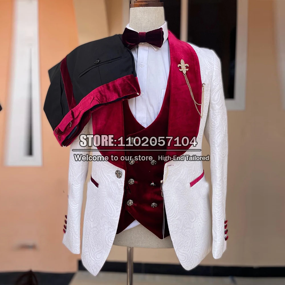 

Luxury Wedding Suits For Men Terno Masculino Completo Groomsmen Ivory Paisley Prom Tuxedo Jacquard Jacket+Vest+Pants 3 Pieces