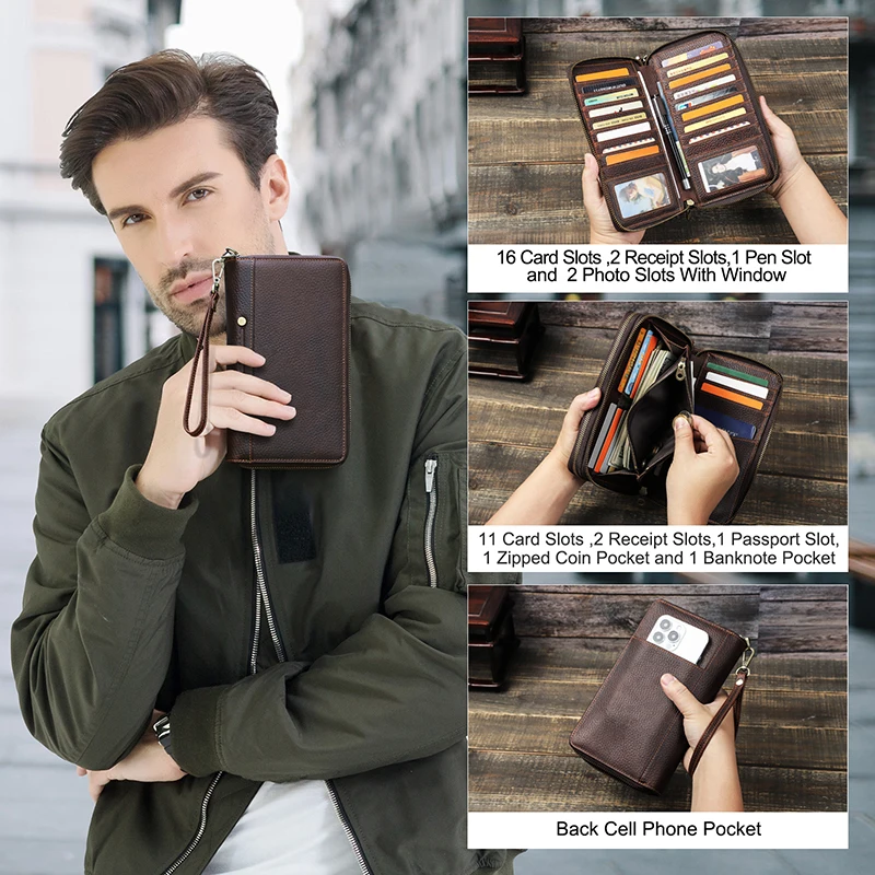 CONTACT\'S Men Clutch Bag Genuine Leather Male Long Wallets Multi Card Holder Double Zipper Large Wallet Bag Passport Cover Purse