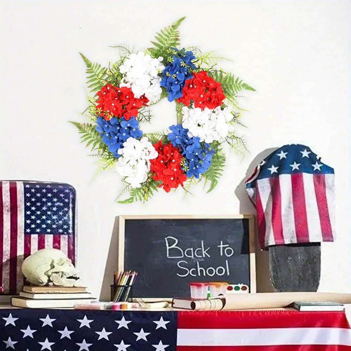 

Spring Summer Wreath Patriotic American Wreath for Front Door 17.7 Inch Red White Blue Artificial Hydrangea Wreath 4Th