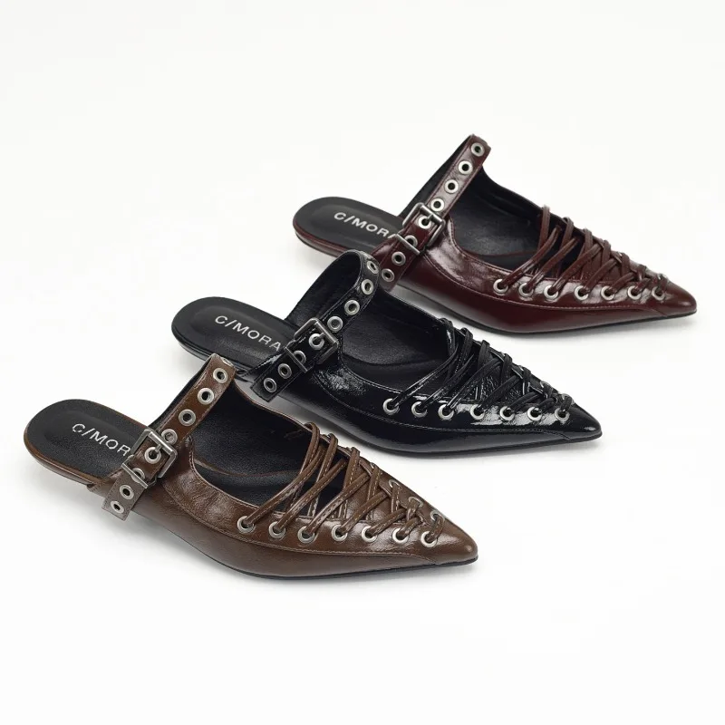 Zapatillas con punta puntiaguda y cordones para mujer, zapatos de tacón bajo de cuero PU para verano, sandalias de tacón para mujer, zapatos de diseñador, novedad para mujer