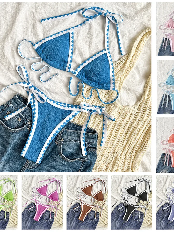 Vzvn Sexy Sportswear for Women Fashion Vintage Sleeveless Swim Solid Lace Up 2025 New Spring Summer Two Piece Suits Bikinis Set