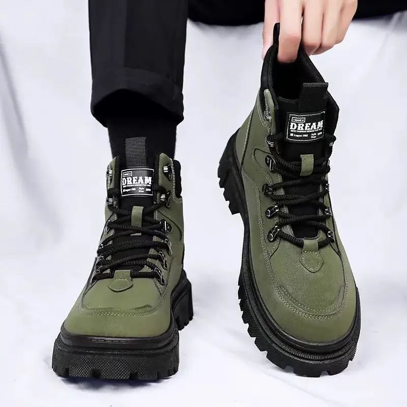 Sapato de caminhada antiderrapante de sola grossa masculina, Botas pretas com renda, Aumento de altura, Resistente ao desgaste, Conforto, Britânico, Inverno, 2022