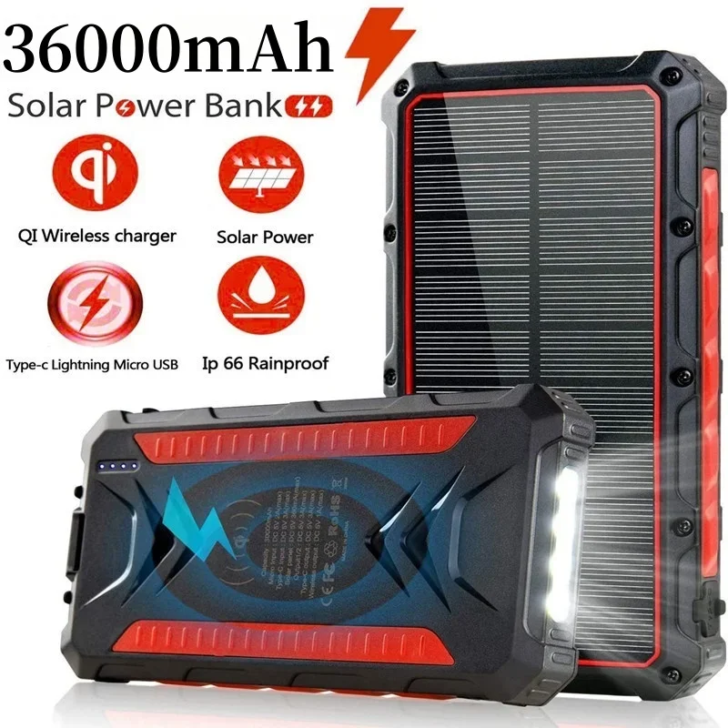 PD15W 36000Mah Solar Power Bank Fast Charging  Large Capacity with Super Bright LED Lights for IPhone Xoiaomi Huawei Samsung
