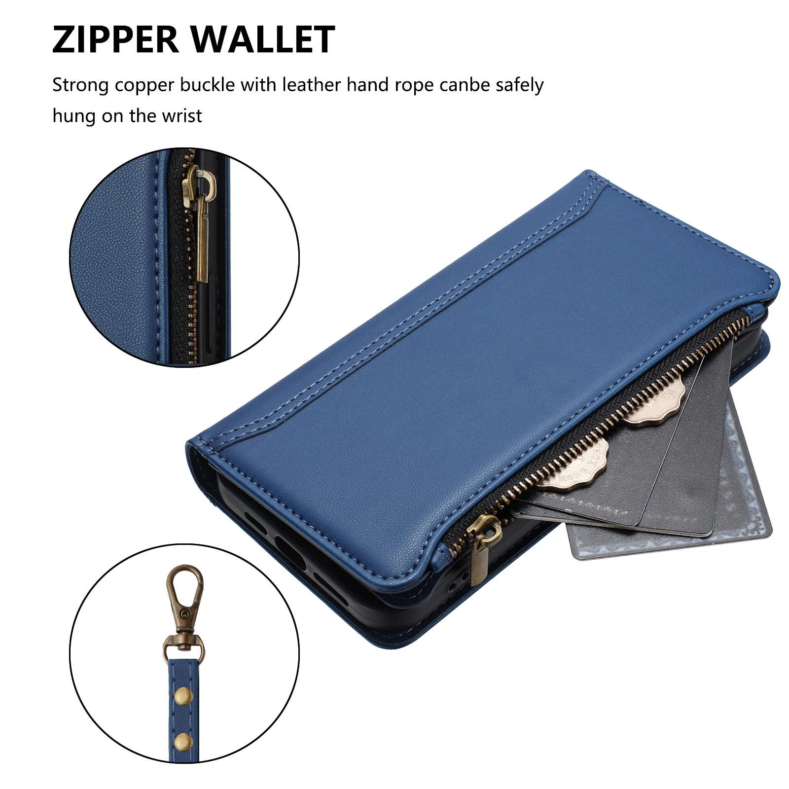 Skórzane etui na iPhone 18 Pro Max 17 16 15 14 13 12 11 SE z przegródkami na karty, paskiem na ramię, zamykanym na zamek błyskawiczny i długim paskiem — zdjęcie produktu 4