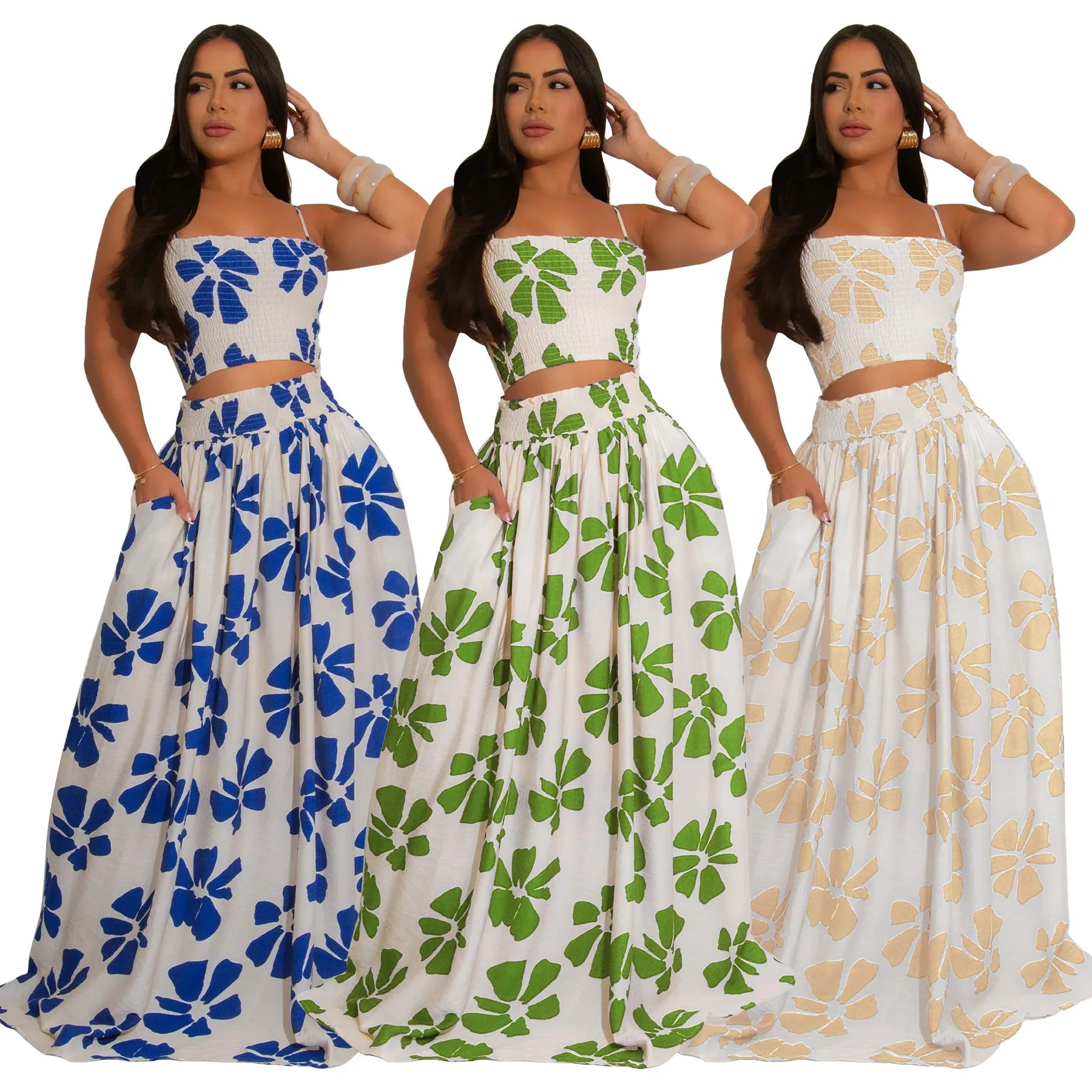 Two Piece Sets Women Skirt Set Sling Dress Sets Print Floral Short Tops Long Skirts A Line High Waist Casual Summer 2025 Elegant