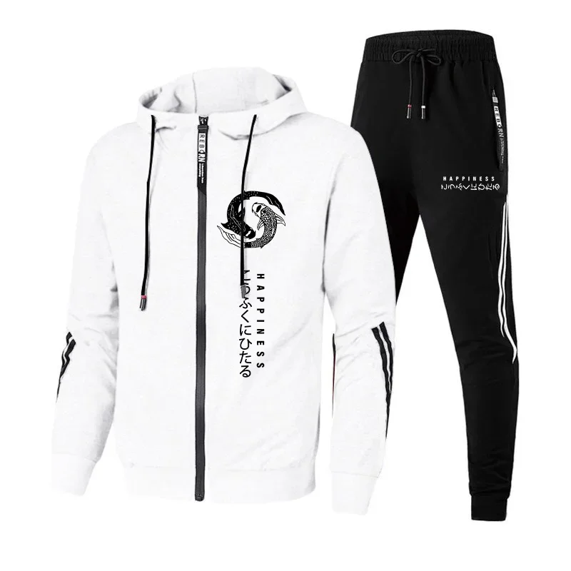 

Autumn Winter Male Daily Casual Sporty Jogger Zipper Outfit Japanese Fashion Print Tracksuit Men's Hoodie Sweatpants 2 Piece Set