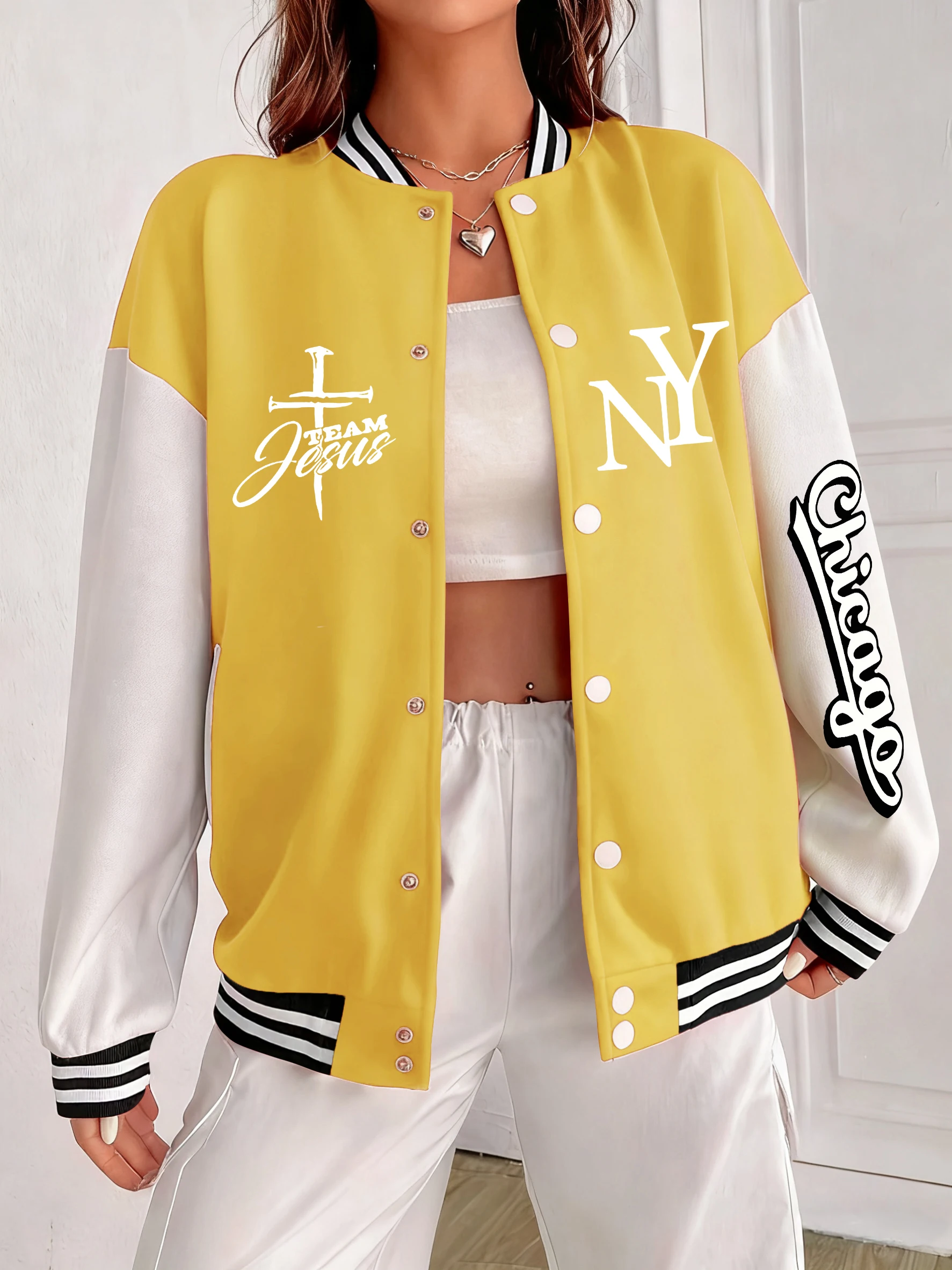 

Team Jesus New York City Printing Jackets Women Hip Hop American Clothes Cotton Oversize Female Baseball Uniform Soft Streetwear