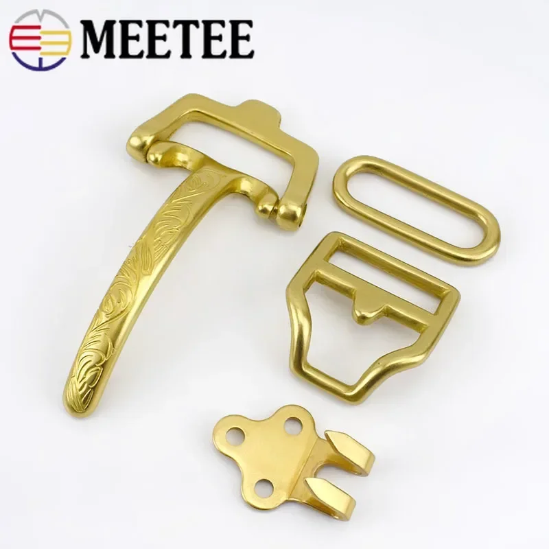 1Set=4Pcs Meetee Solid Brass Cavalry Men Belt Buckle DIY Waistband Jeans Leather Craft for 38mm Belts Rivet Screws Accessory