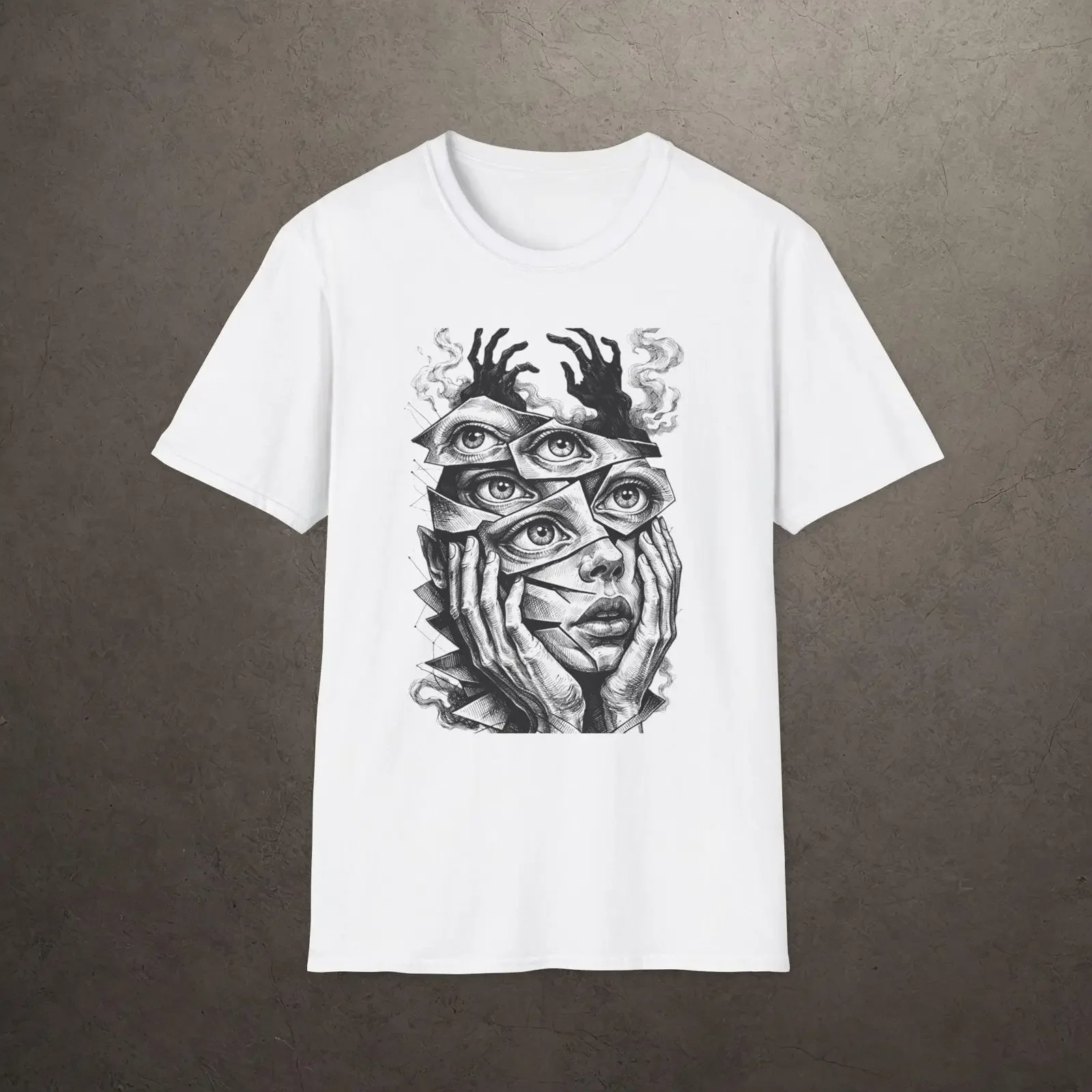Surreales Multi-Eye-Portrait-T-Shirt, optische Illusionskunst, Vintage-Stil, gewaschen, stilvoll, modisch, dehnbar, weich, vielseitig, leicht lässig