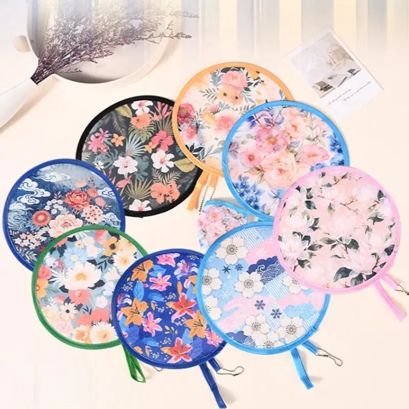 ~1Pcs Mini Japanese Style Folding Fan Flower Pattern With Pocket Collapsible Fan Round Handheld Fan Outdoor Activities