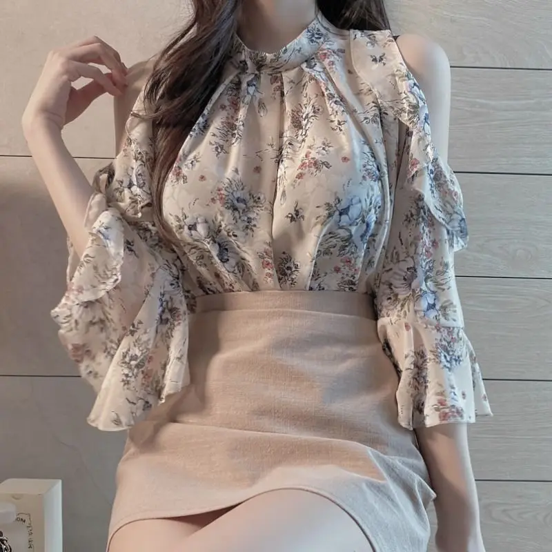 Summer French Floral Ruffle Off-Shoulder Chiffon Shirt Female Fat Girl Loose Versatile Top Leaking Shoulder Shirt