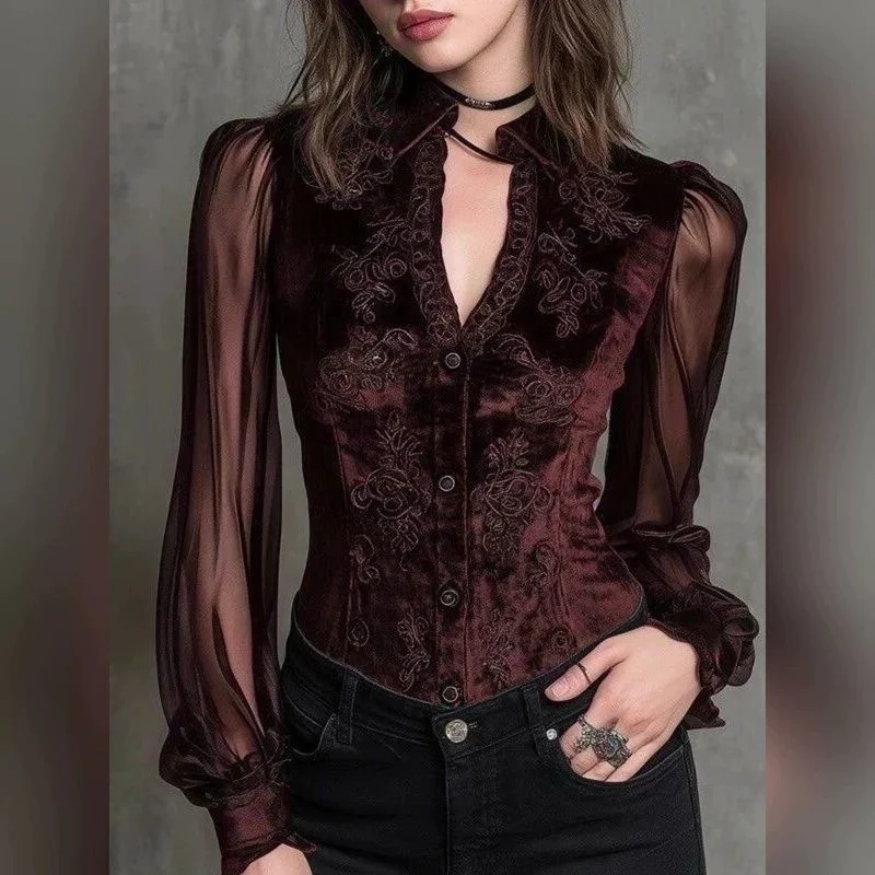 

Новая весенне-осенняя женская рубашка во французском стиле, ретро, с отложным воротником, рукавами-фонариками, на одной пуговице, элегантный приталенный топ для офиса