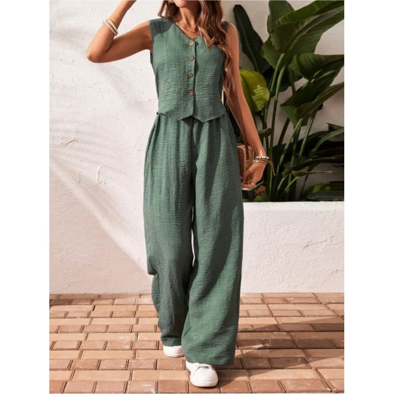 

Fashion Solid Office Set Lady Casual V Neck Sleeveless Button Tops High Waist Wide Leg Pants Two Piece Sets For Women Summer New
