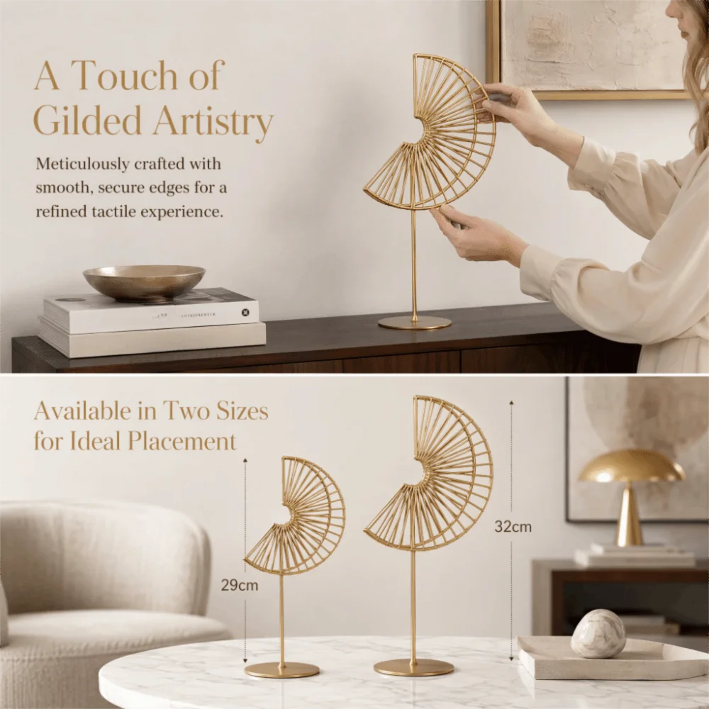 Iron Gold Metal Half Fan Tabletop Ornament Gold Semicircle Wire Woven Semicircle Iron Desk Decor 5.19in