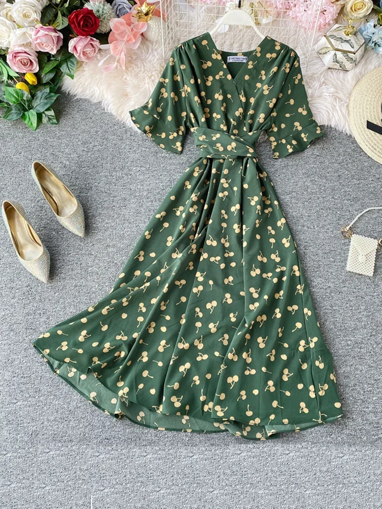 Frauen Print Kleid Sommer V-ausschnitt Kurzen ärmeln Sommer Neue Super Feuer Bogen Spitze Up Taille Druck Lange A-line kleid ML877