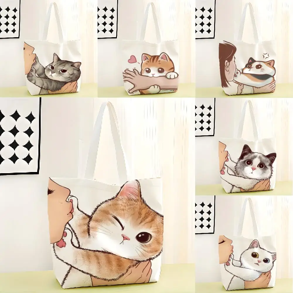 Kissing the cat Storage Bags Canvas Double-Sided Print Tote Bag Large Capacity Shoulder Fashion Shopping Handbag