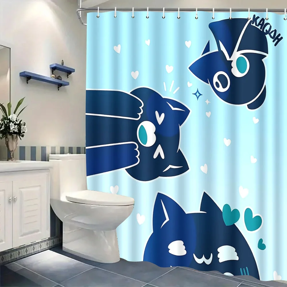 Adorable Dark Blue Cartoon Cat Shower Curtain Blue Background with Hearts & Sparkles, Polyester, 12 Hooks, Kawaii Bathroom Decor